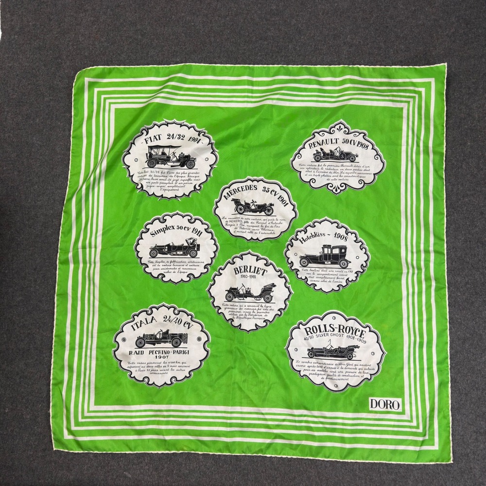 Vintage Doro Lime Green Silk Scarf Classic Antique Cars Rolls Royce Fiat 30x30
